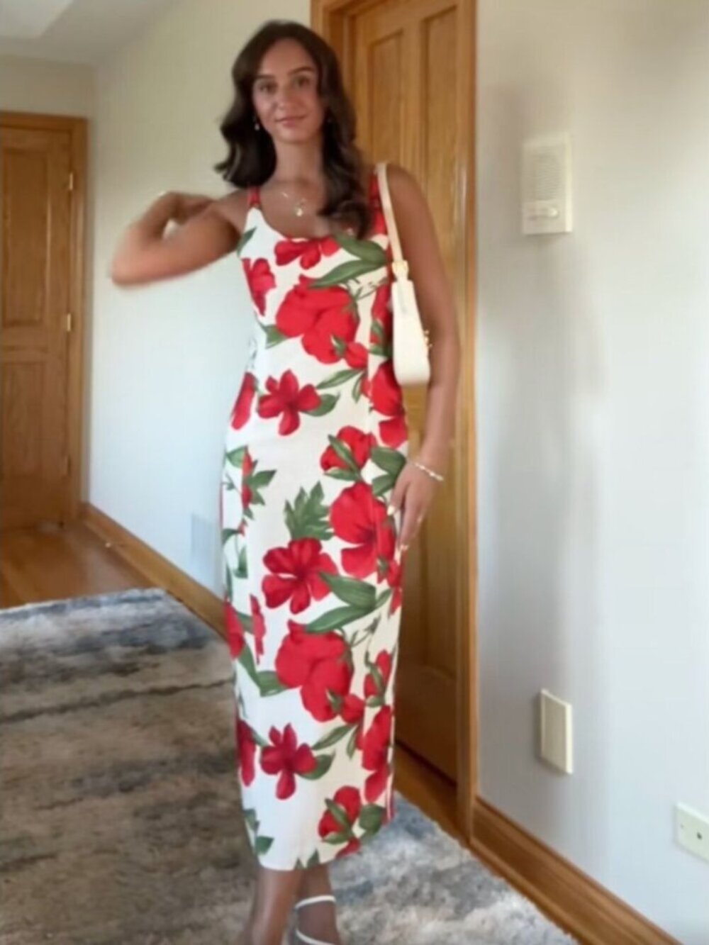 Mango Floral Hibiscus Print Tailored Midi Dress Size White Red XS/2